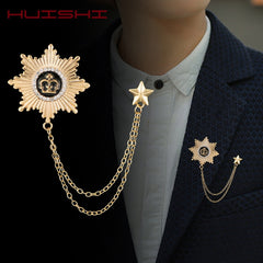 Aveuri Medal Brooch Lapel Chain Tassel Crown Brooches For Men Suit Pins Badge Gold Chain Medal Lapel Male Collar Pin Men Jewelry