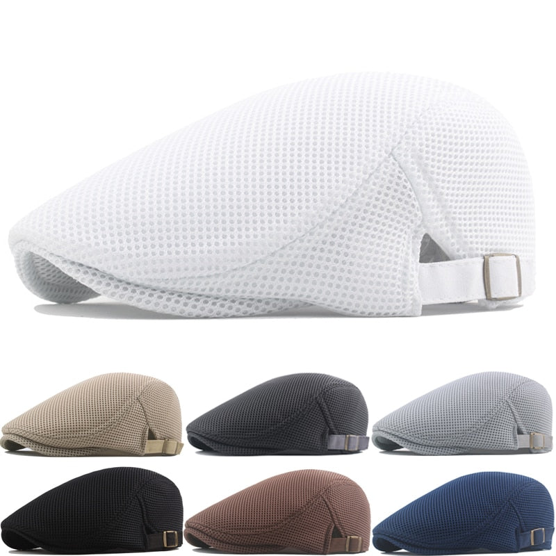 2023 New Summer Men's Hat Breathable Mesh Newsboy Cap Outdoor Gorro Hombre Boina Golf Hats Fashion Solid Flat Caps for Women