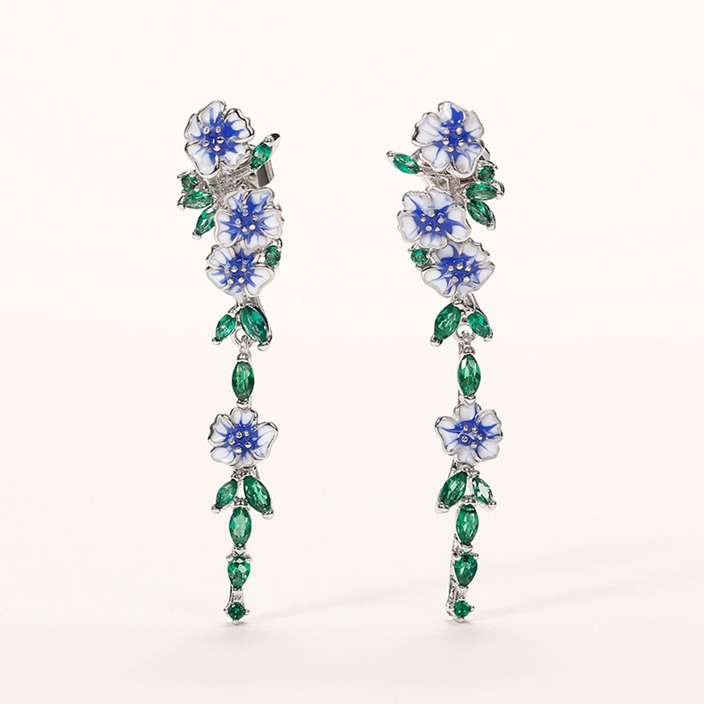 Aveuri  Romantic Blue Flower Long Hanging Earrings for Women Silver Color Enamel Drop Earrings Delicate Accessories Trend Jewelry