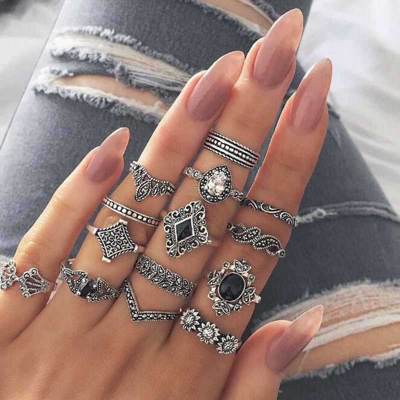 Tocona Bohemian Women's Antique Silver Color Rings Boho Indian Jewelry Vintage Midi Knuckle Ring Set Finger bijoux Femme