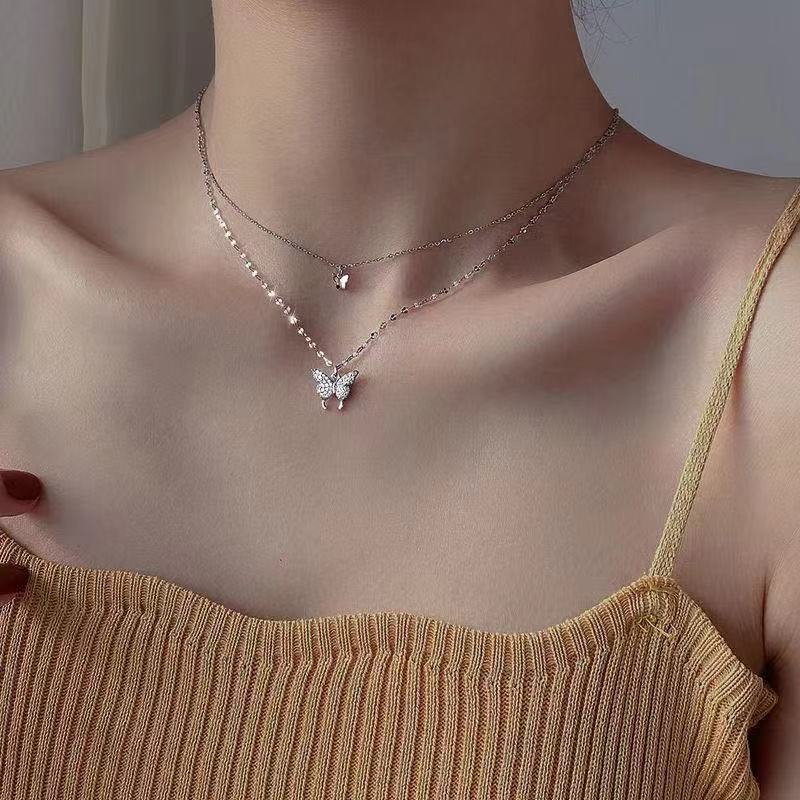 LATS New Elegant Silver color Shiny Butterfly Necklaces Ladies Exquisite Double Layer Clavicle Chain Necklace Jewelry Gift