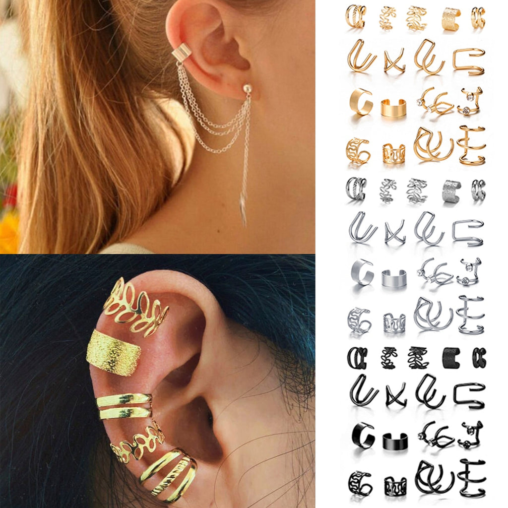 Aveuri  Gold Color Leaves Ear Cuff Black Non-Piercing Ear Clip Earrings for Women Men Fake Cartilage Earring Cuff Jewelry Wholesale