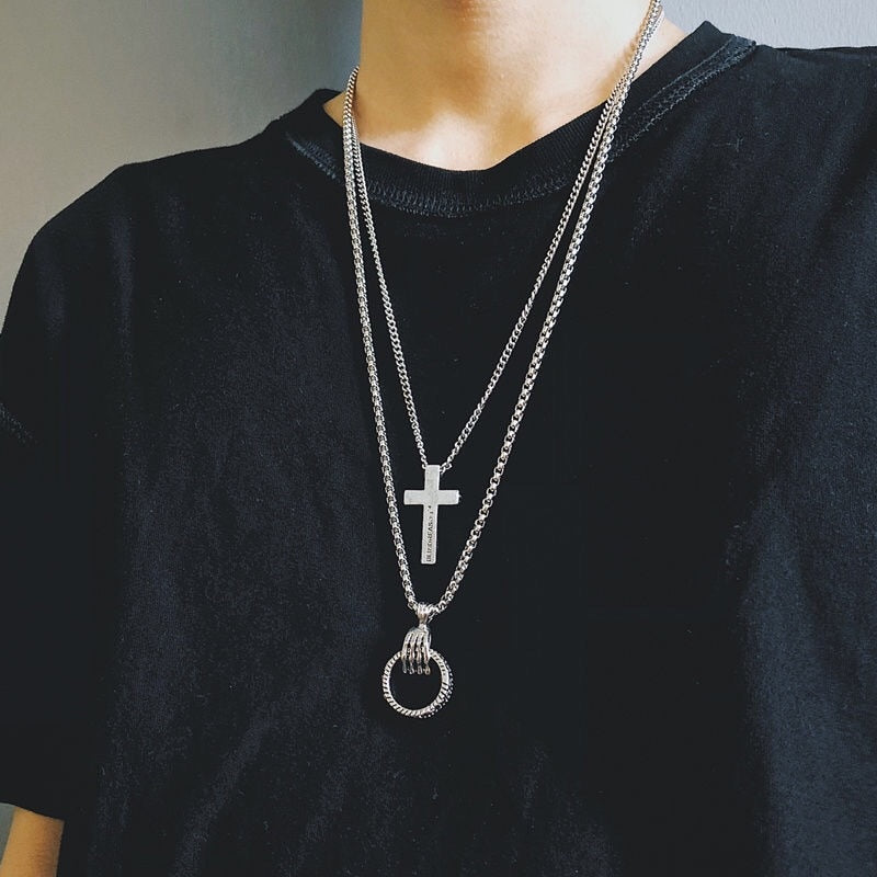 AVEURI  2023 Fashion Unisex Multilayer Hip Hop Long Chain Necklace For Women Men Jewelry Gifts Key Cross Pendant Necklace Accessories