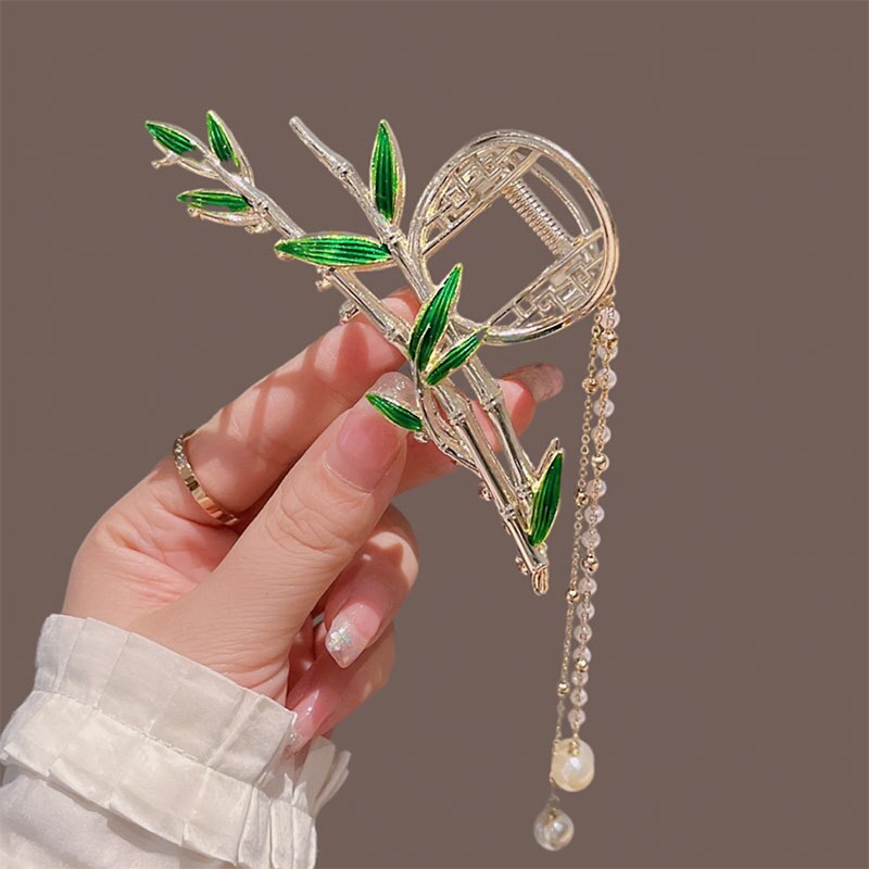 Aveuri New Retro Green Bamboo Hair Clips Styling Pearl Tassel Large Hair Claw Jaw Headwear For Women Hair Accessories Metal Hairpins