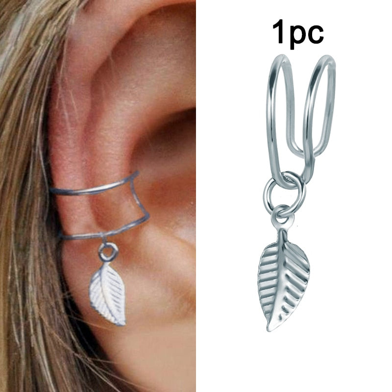 LATS Gold Leaves Ear Cuff Black Non-Piercing Ear Clip Earrings for Women Men Fake Cartilage Earring Cuff Trend Jewelry Wholesale