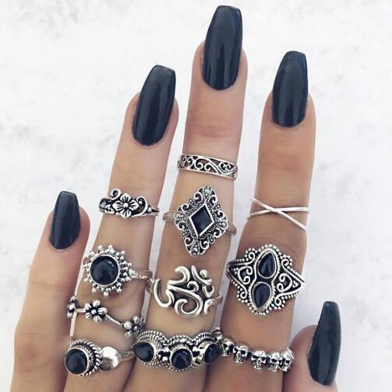 Tocona Bohemian Women's Antique Silver Color Rings Boho Indian Jewelry Vintage Midi Knuckle Ring Set Finger bijoux Femme