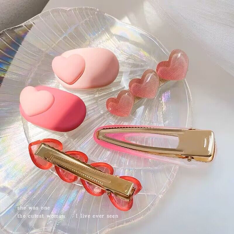 Aveuri Sweet Pink Hairpins Set Korean Geometric Hair Clip Barrettes Lovely Heart Side Clip For Women Hair Accessory Hair Clamp Headwear
