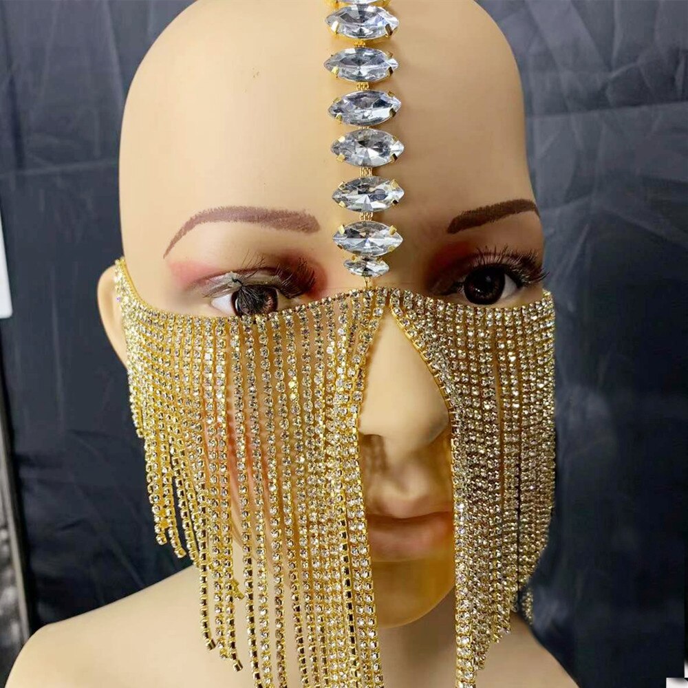 Aveuri Luxury Sexy Black Rhinestone Tassel Masquerade Mask Face Chain Veil For Women Shiny Crystal Cosplay Head Face Decoration Mask