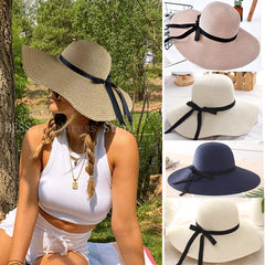 Aveuri 2022 New Simple Foldable Wide Brim Floppy Girls Straw Hat Sun Hat Beach Women Summer Hat UV Protect Travel Cap Lady Cap Female