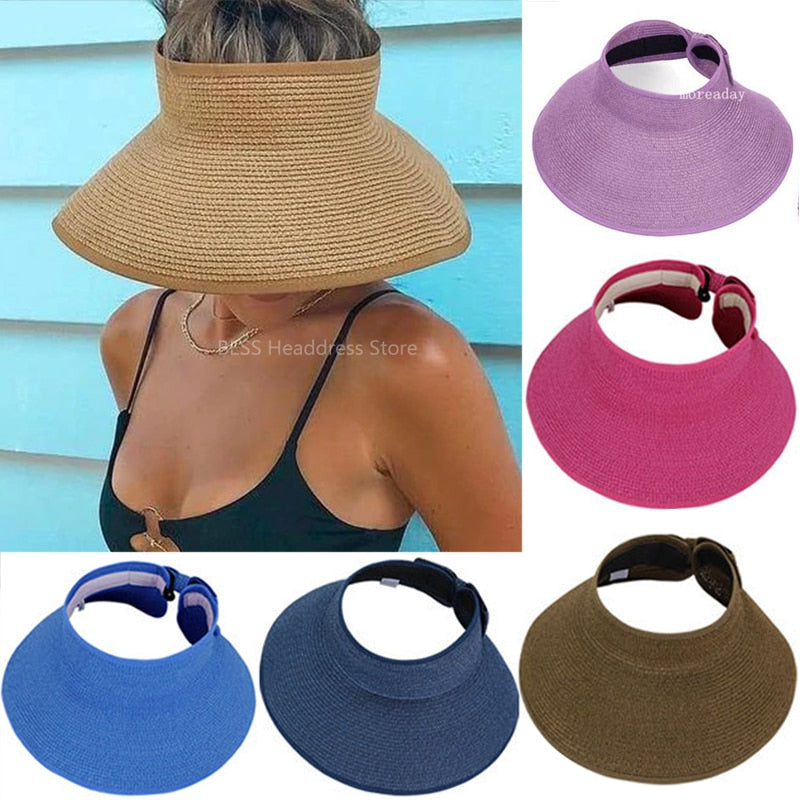 Aveuri 2022 New Women Summer Visors Hat Foldable Sun Hat Wide Large Brim Beach Hat Straw Hats Chapeau Femme Beach UV Protection Caps
