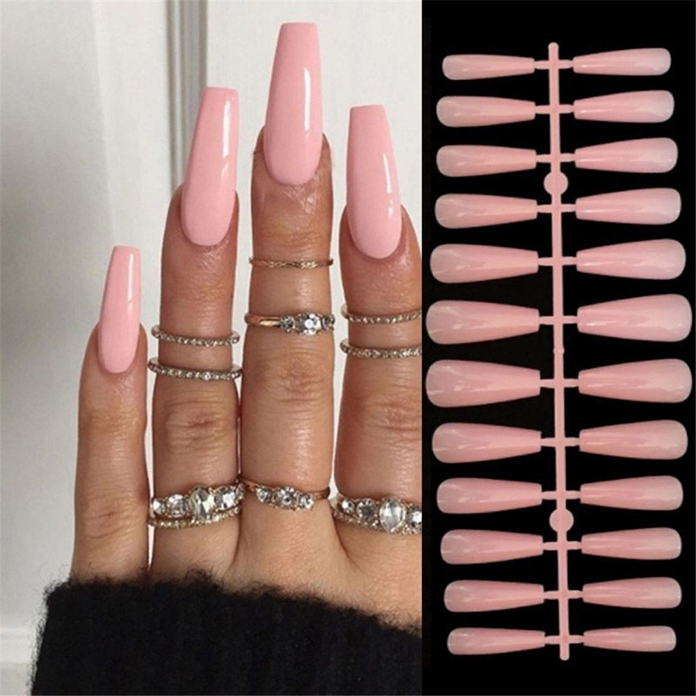 Aveuri 2023  24Pcs French Pink Fake Nails Full Cover Almond Press on Fingernails Tips Flower Artificial Acrylic Nails Tips Ballet False Nails