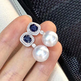 Aveuri Gorgeous Blue Cubic Zirconia Imitation Pearl Earrings Women for Engagement Wedding Party Temperament Elegant Ear Jewelry