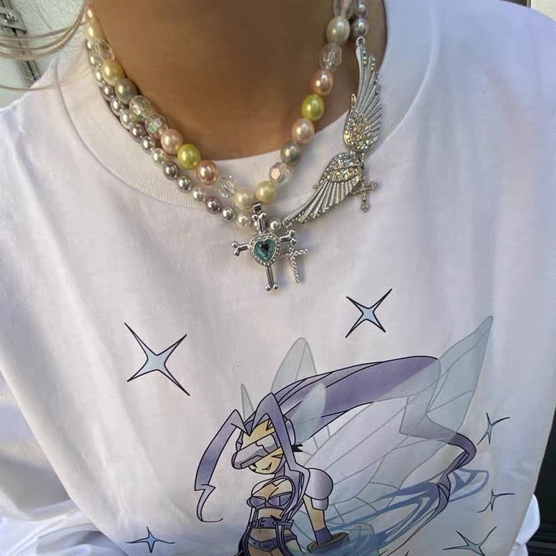 Aveuri 2023 Harajuku Minimalist Pearl Crystal Shiny Cross Angel Wings Pendant Necklace Hip Hop Rock New Fashion Neck Chains Jewelry Strand