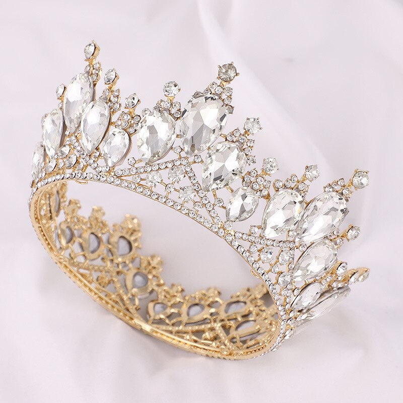 Aveuri Luxury Queen Princess Round Crown Crystal Pearl Big Diadem Wedding Hair Accessories Silver Color Gold Tiara Women Bridal Jewelry