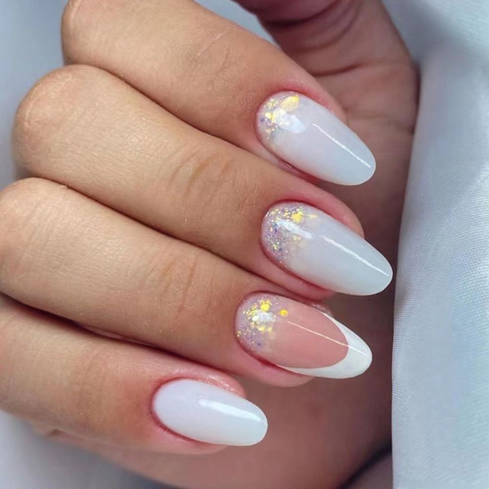 Aveuri 2023  24Pcs Almond Fake Nail Gradient Simple French False Nails Daisy Flower Design Manicure Nails Detachable Full Cover Press On Nail