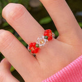 Aveuri 2023 Y2K Handmade Weave Flower Color Beads Rings For Women Girl Boho Rainbow Transparent Daisy Flower Spring Ring Summer Jewelry