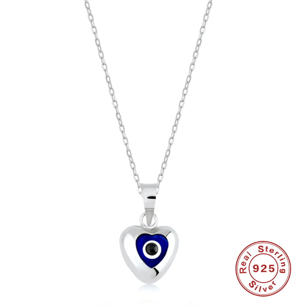 Aveuri 925 Sterling Silver Blue And Red Enamel Devil's Eye Heart Shape Pendant Clavicle Necklace Chain For Women Girl Jewelry Gift