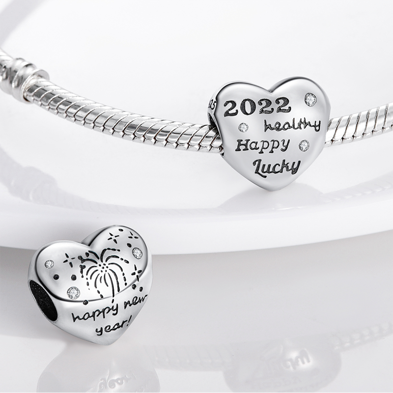 plata charms of ley 925 Fit Original Pandach Bracelet Peach Heart  New Year Text Silver Color Pendant Charm Bead Women Jewelry