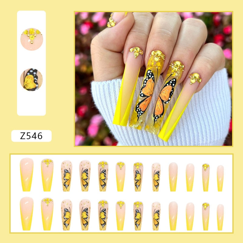 Aveuri  24Pcs Detachable Press on Nails Long Coffin False Nails Wearable with Diamond French Ballet Fake Nails Full Cover Nail Tips