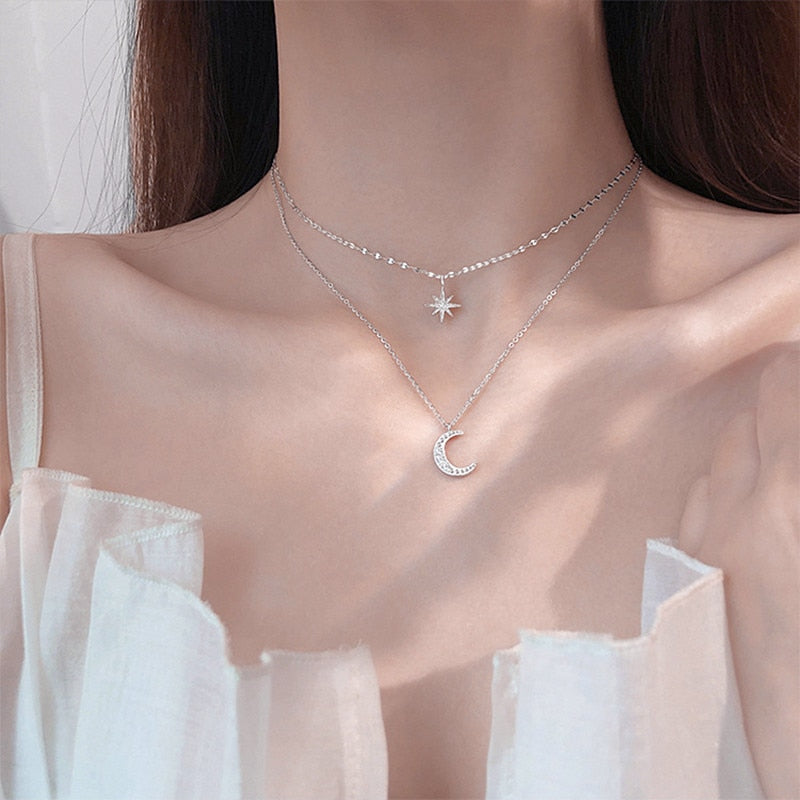 LATS New Elegant Silver color Shiny Butterfly Necklaces Ladies Exquisite Double Layer Clavicle Chain Necklace Jewelry Gift