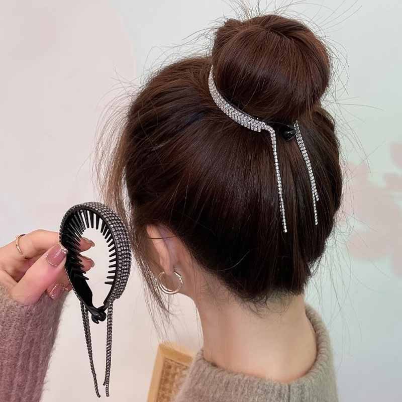 Aveuri New Women Elegant Luxury Rhinestone Tassel Ponytail Hair Claws Lady Sweet Meatball Hair Clips Headband Fashion Hair Accessories