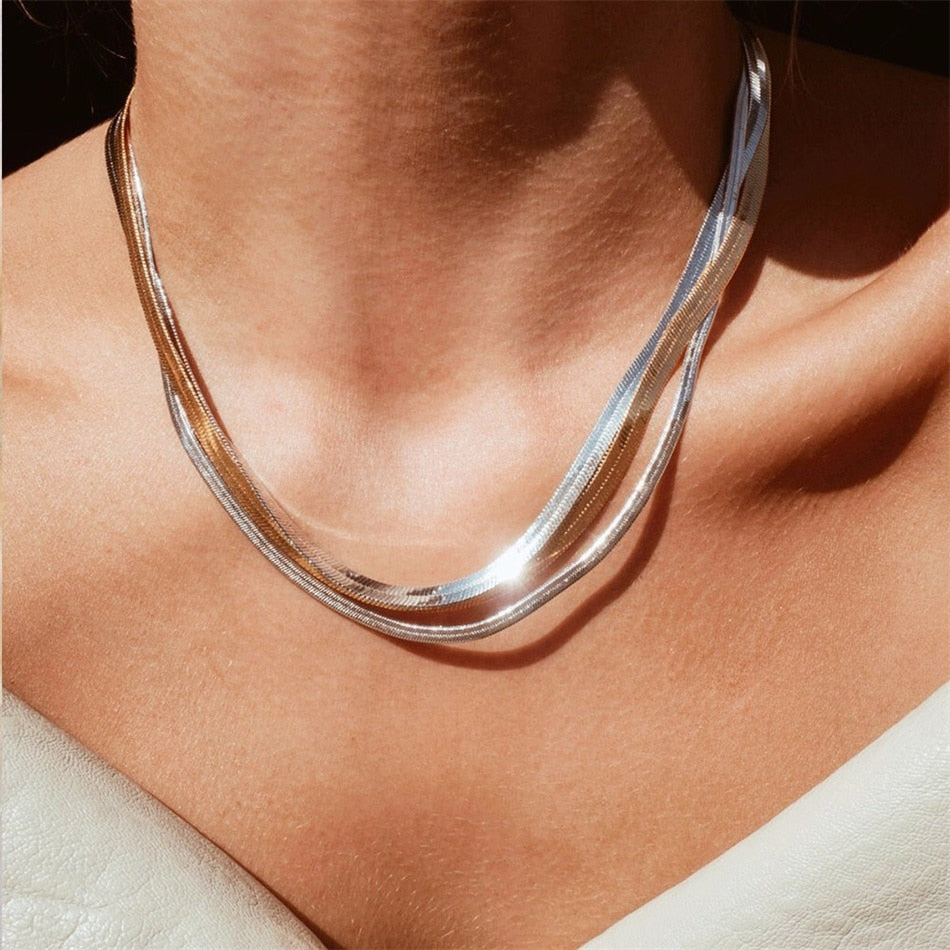 Aveuri Hot Fashion Unisex Snake Chain Women Necklace Choker Stainless Steel Herringbone Gold Color Chain Necklace For Women Jewelry