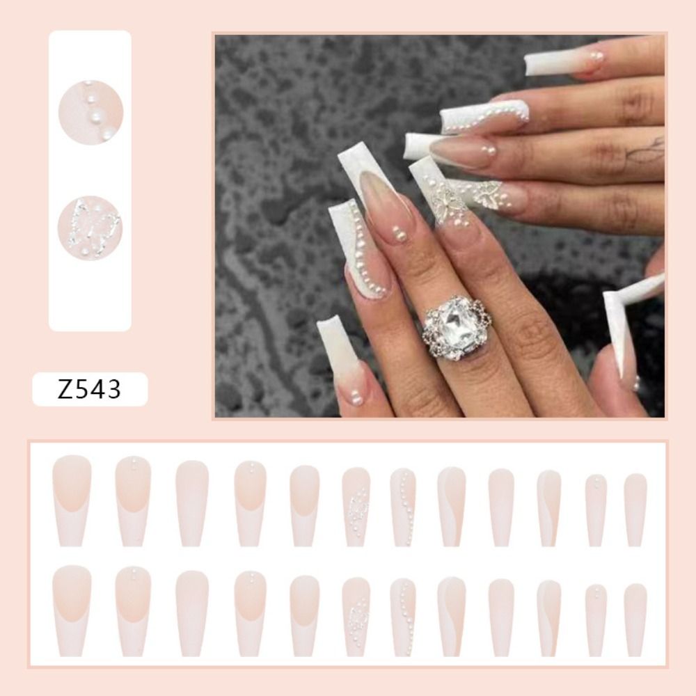 Aveuri  24Pcs Detachable Press on Nails Long Coffin False Nails Wearable with Diamond French Ballet Fake Nails Full Cover Nail Tips