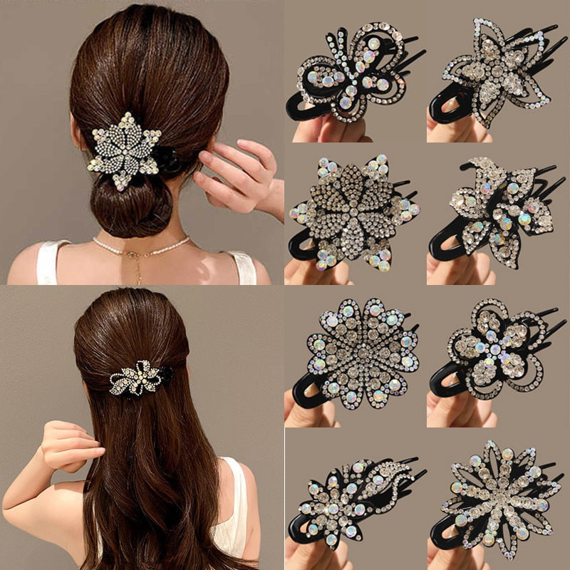 Aveuri  New Classic Rhinestone Hair Clips For Women Luxury Flower Hair Claw Hairpin Headwear Vintage Fixed Curling Hair Accessories Gift