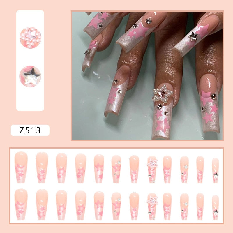 Aveuri  24Pcs Detachable Press on Nails Long Coffin False Nails Wearable with Diamond French Ballet Fake Nails Full Cover Nail Tips