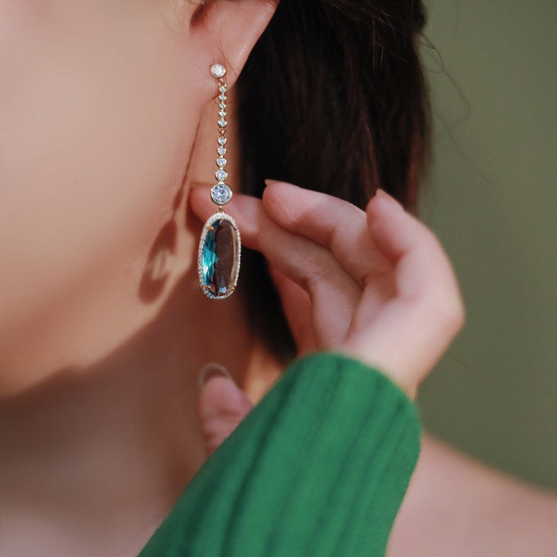 Graduation Gift Aesthetic Long Hanging Earrings for Women Blue Cubic Zirconia Pendant Fashion Luxury Female Wedding Party Jewelry Gifts
