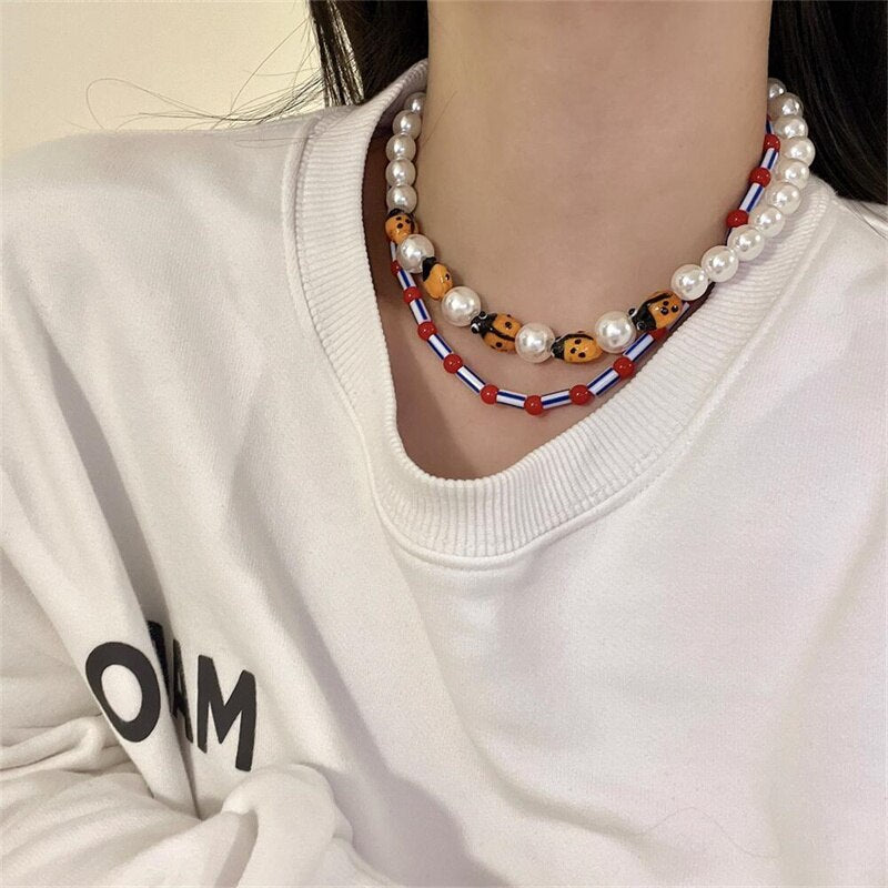 Aveuri 2023 Korean New Fashion Cartoon Cute Yellow Duck Ladybug Beaded Stacked Necklace For Women Girls Personality Trend All-Match Jewelry