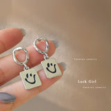 Aveuri  Trendy Fashion Silver Color Hoop Earrings Square Happy Face Charm Ear Studs For Women Smile Pendant Party Jewelry Gift