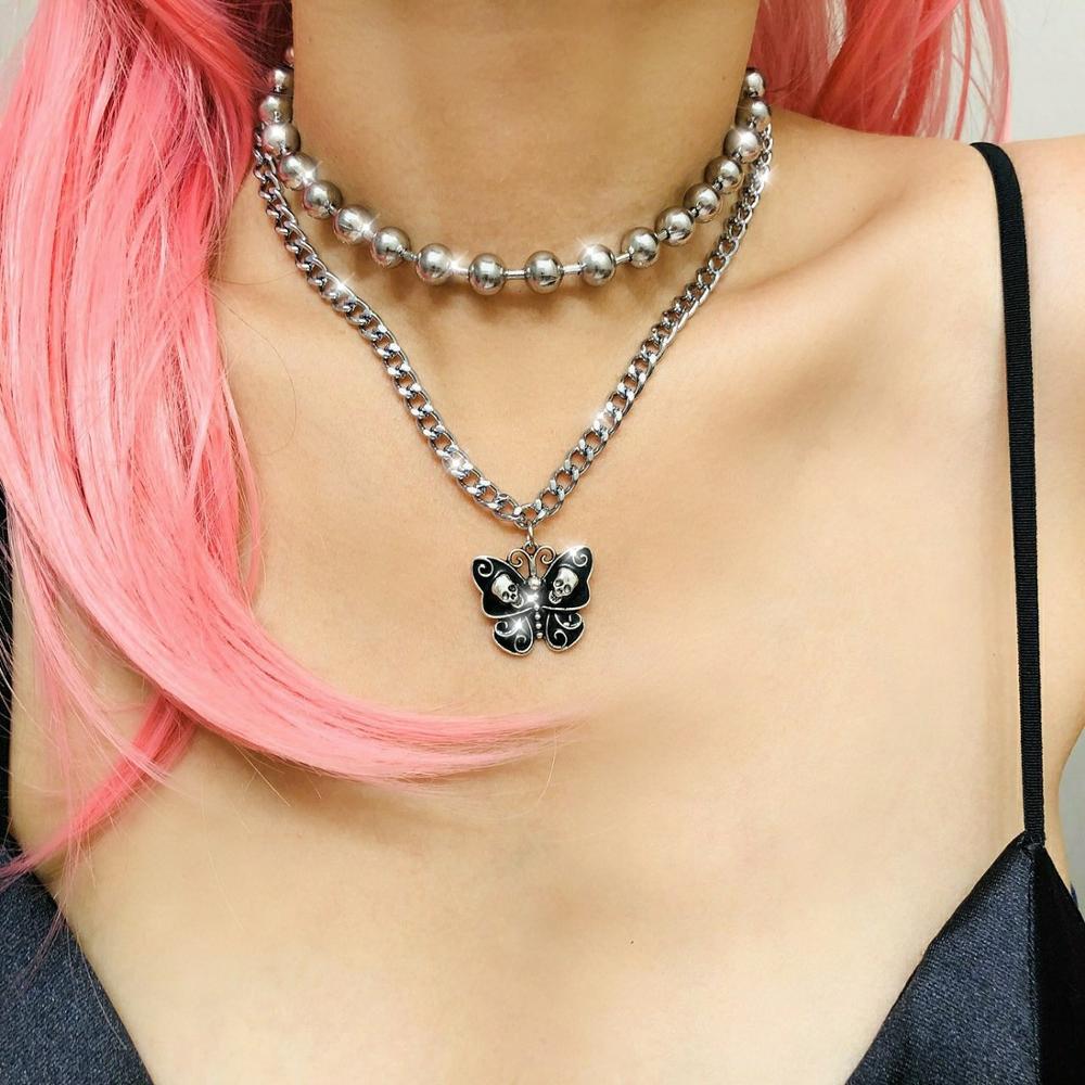 Aveuri 2023 Cool Butterfly Skull Pattern Metal Pendant Necklace For Women Girl Harajuku Vintage Punk Animal Gothic Choker Necklace Jewelry