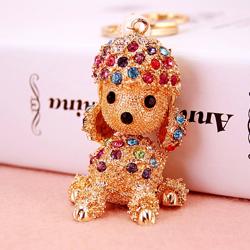 Aveuri Figure Dog Keychain Craft Dog Keychain PVC Vinyl Animal Figure Poodle Trinkets For Car Keychain Rhinestone Metal