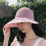 Summer Sun Hats for Women Visors Knitted Breathable Foldable Sun Hat with Bow Sun Protection Sunshade Beach Hat Lady Cap Travel
