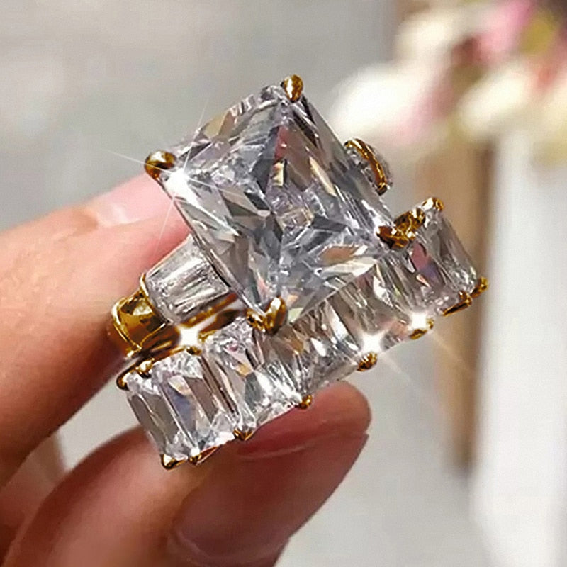 Graduation Gift Luxury Trendy Square Cubic Zirconia Promise Rings for Women 2Pcs Set Silver Color/Gold Color Wedding Rings Hot Jewelry