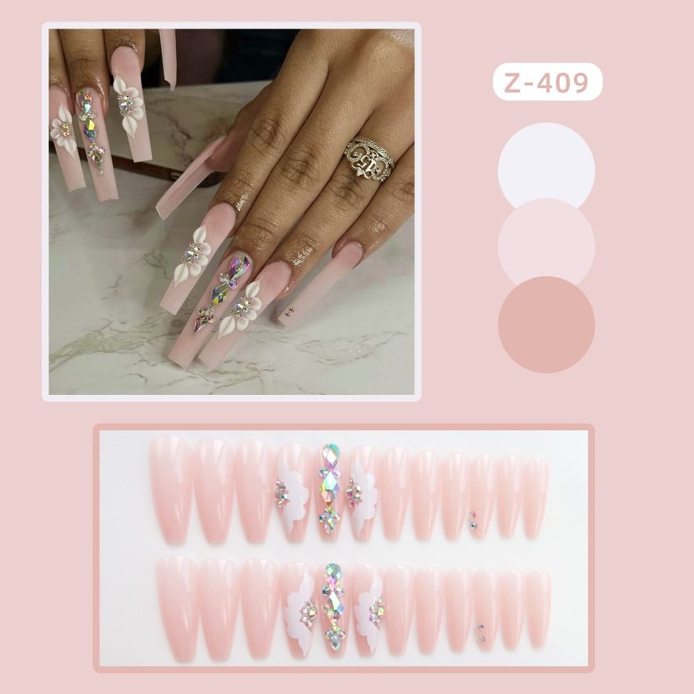 Aveuri  24Pcs Detachable Press on Nails Long Coffin False Nails Wearable with Diamond French Ballet Fake Nails Full Cover Nail Tips