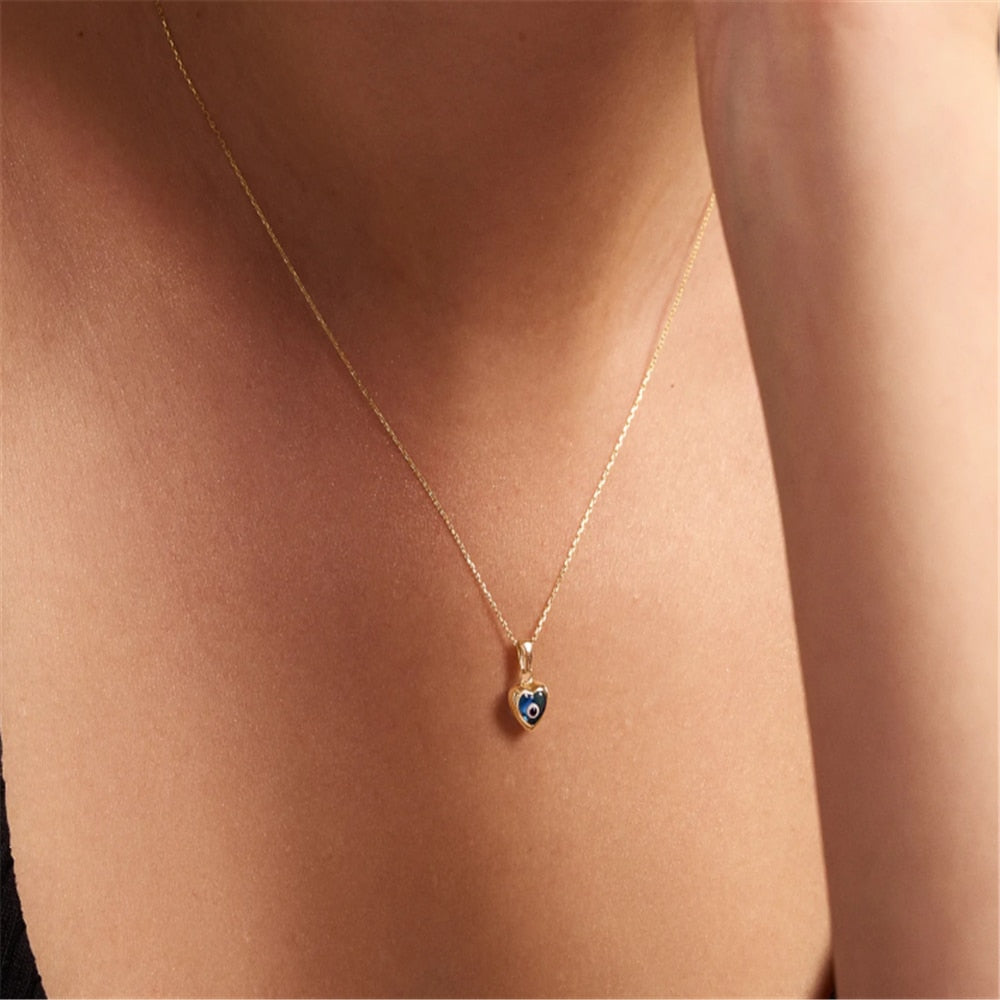 Aveuri S925 Sterling Silver Blue Zircon Devil's Eye Heart Shape Pendant Clavicle Necklace Chain For Women Girl Fine Jewelry Gift