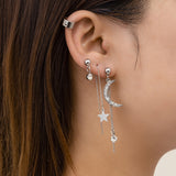 Back to college 2023 Simple And Cold Wind Studded With Diamonds, Stars And Moon Tassel Earrings Trend Metal Chain Ear Line Ear Bone Clip
