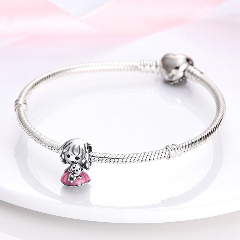 plata charms of ley 925 Fit Original Pandach Bracelet Necklace Girl holding a Bear Silver Color Pendant Beads Women Fine Jewelry
