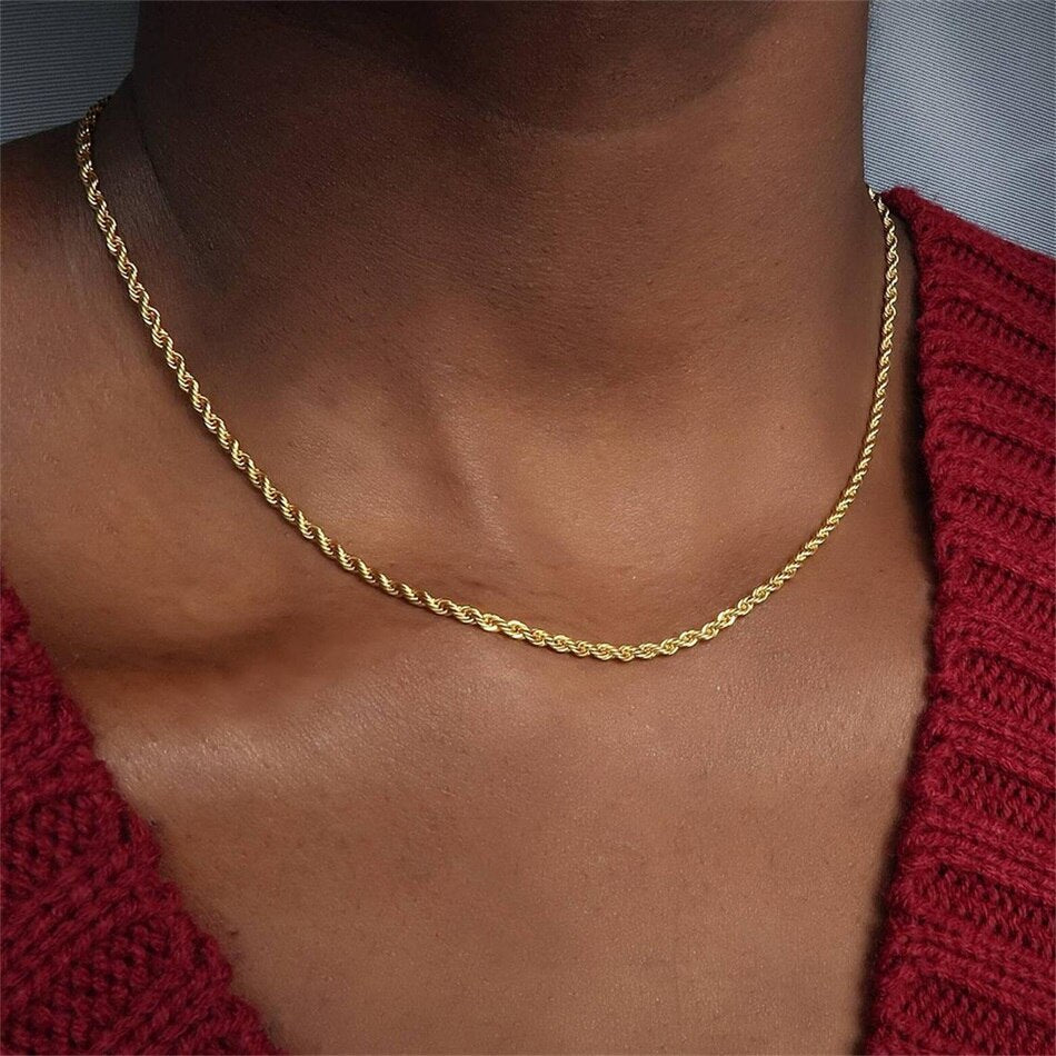 Aveuri 4Mm Gold Color Necklace Twisted Rope Chain Necklaces Stainless Steel Chains Necklaces For Women Fashion Choker Jewelry