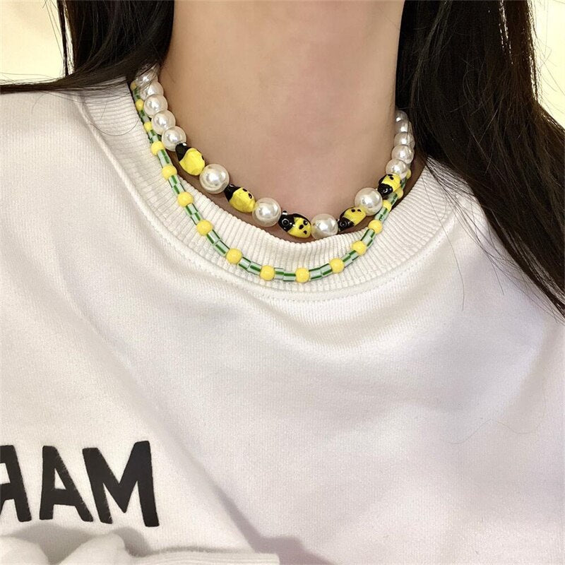 Aveuri 2023 Korean New Fashion Cartoon Cute Yellow Duck Ladybug Beaded Stacked Necklace For Women Girls Personality Trend All-Match Jewelry