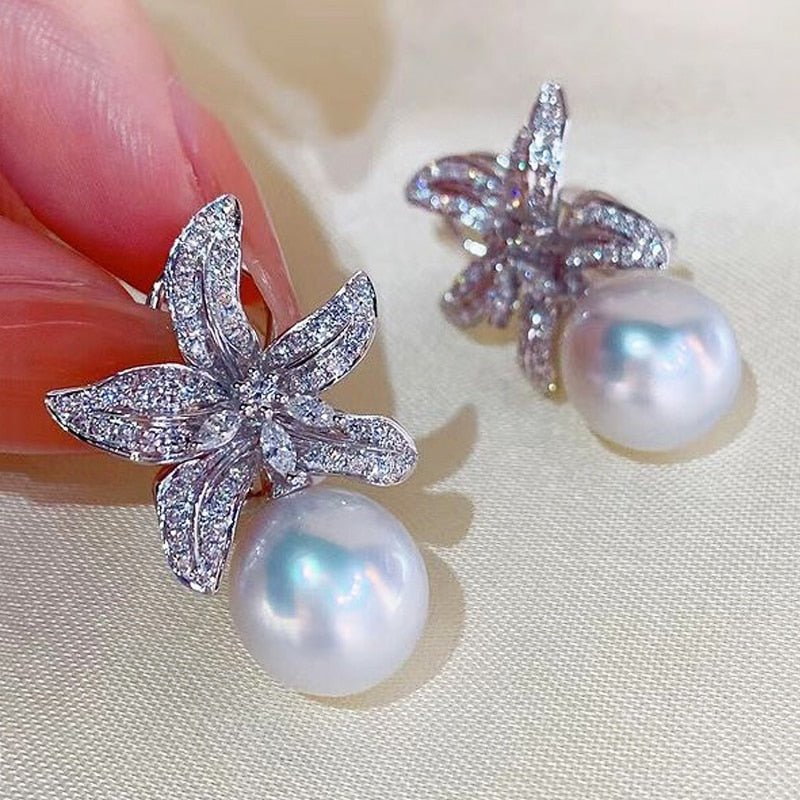 Graduation Gift New Trendy Floral Simulated Pearl Earrings for Women Full Paved Brilliant CZ Temperament Flower Earrings Dropship Jewelry
