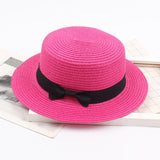 Aveuri Women Straw Hats Panama Wide Brim Jazz Hat Summer Ladies Bow Knot Flat Top Sun Hat Sun-Shading Chapeau Beach UV Protection Cap