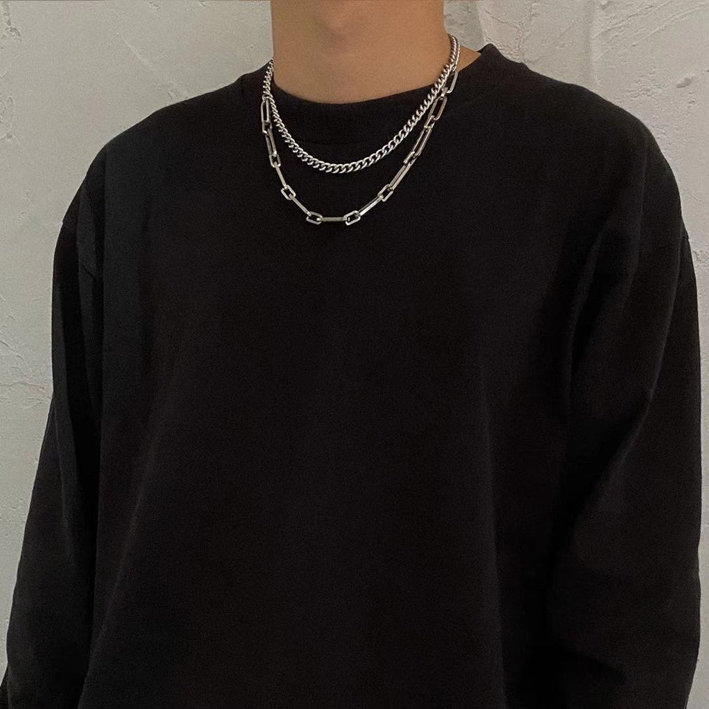 Punk Double layer Long Chain Necklace Male Simple Minimalist Stainless steel Chain Necklace for Men Goth Jewelry