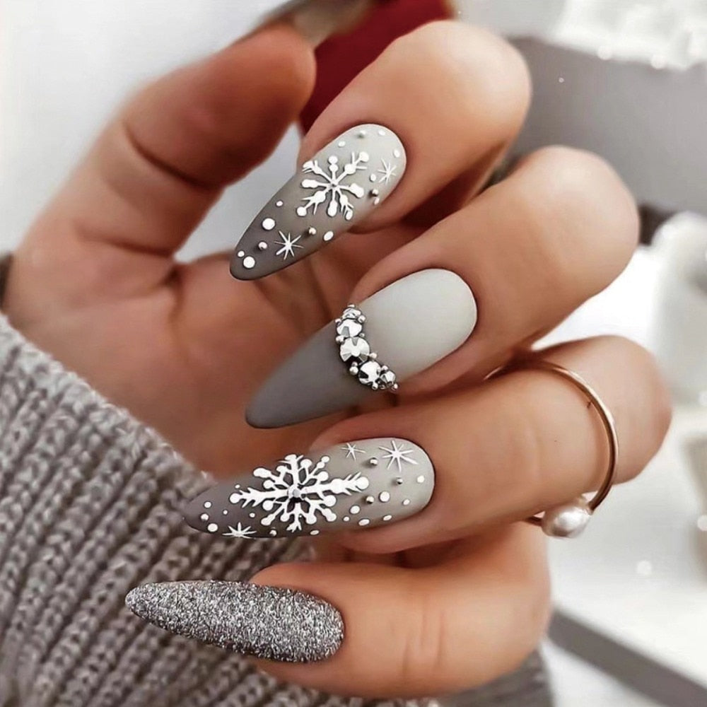 Aveuri 2023  24Pcs Almond False Nails Rhinestone Glitter Snowflake Design Fake Fingernails Wearable Acrylic Full Cover Press on Nail Tips