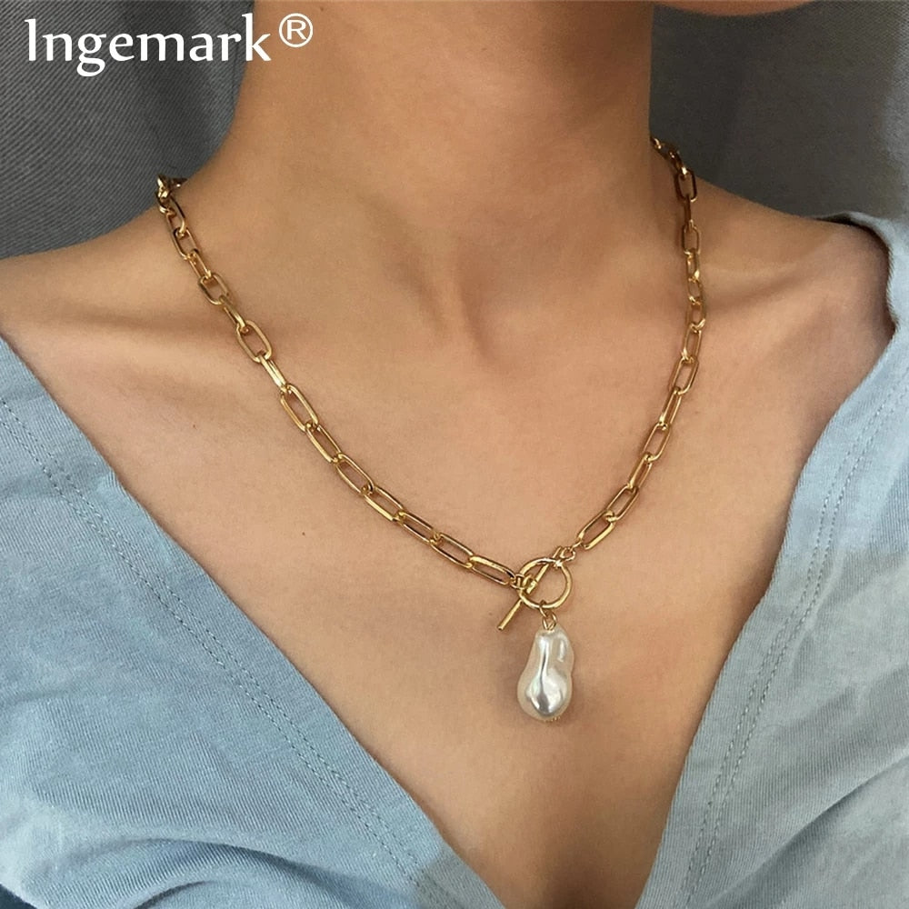 Aveuri Gothic Baroque Pearl Coin Pendant Choker Necklace for Women Wedding Punk Bead Lariat Gold Color Long Chain Necklace Jewelry Gift