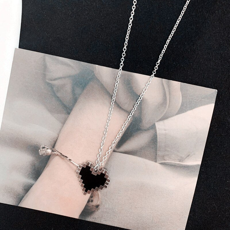 Aveuri Women Punk Black Mosaic Love Pixel Peach Heart Pendant Double Layer Chain Necklace Vintage Neck Necklace Jewelry Gift