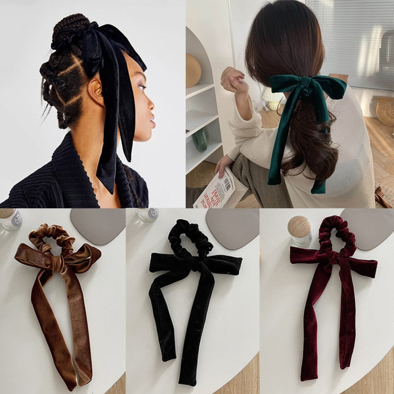 Aveuri Back to school Vintage Velvet Long Tassel Hair Scrunchies Bowknot Women Ponytail Holder Streamer Bows Stretch Hair Bands Hair Ties Accessories