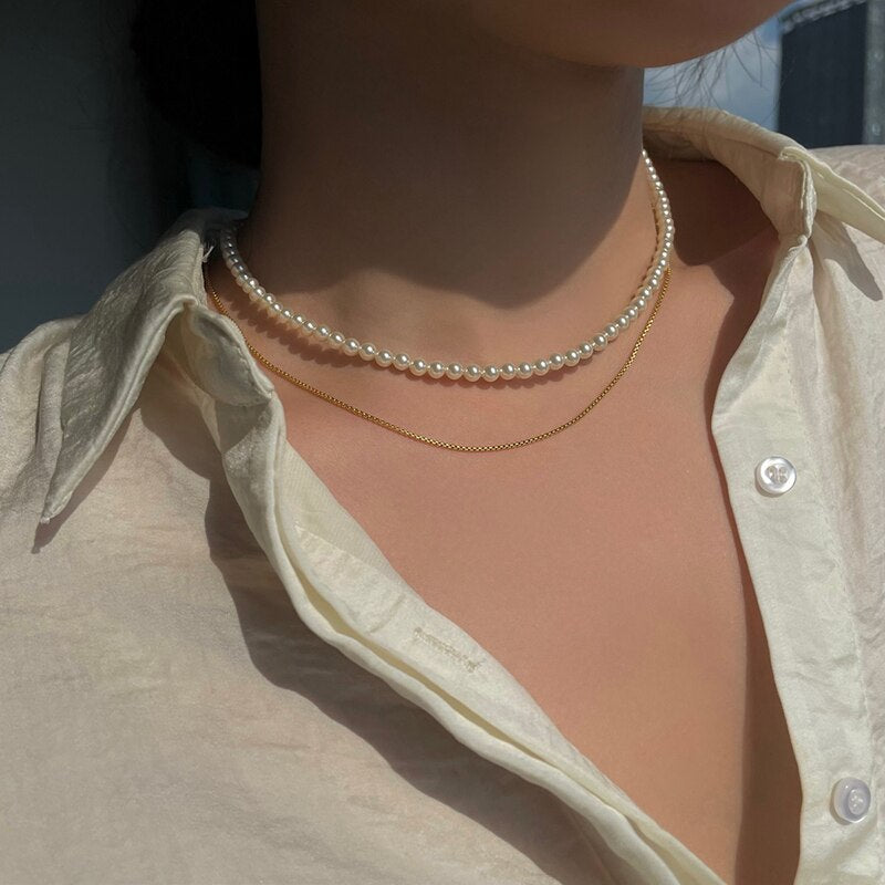 Aveuri Simulated Pearl Necklace For Women Vintage Pearl Trendy Woman's Choker Gold Color Stainless Steel Necklaces Jewelry